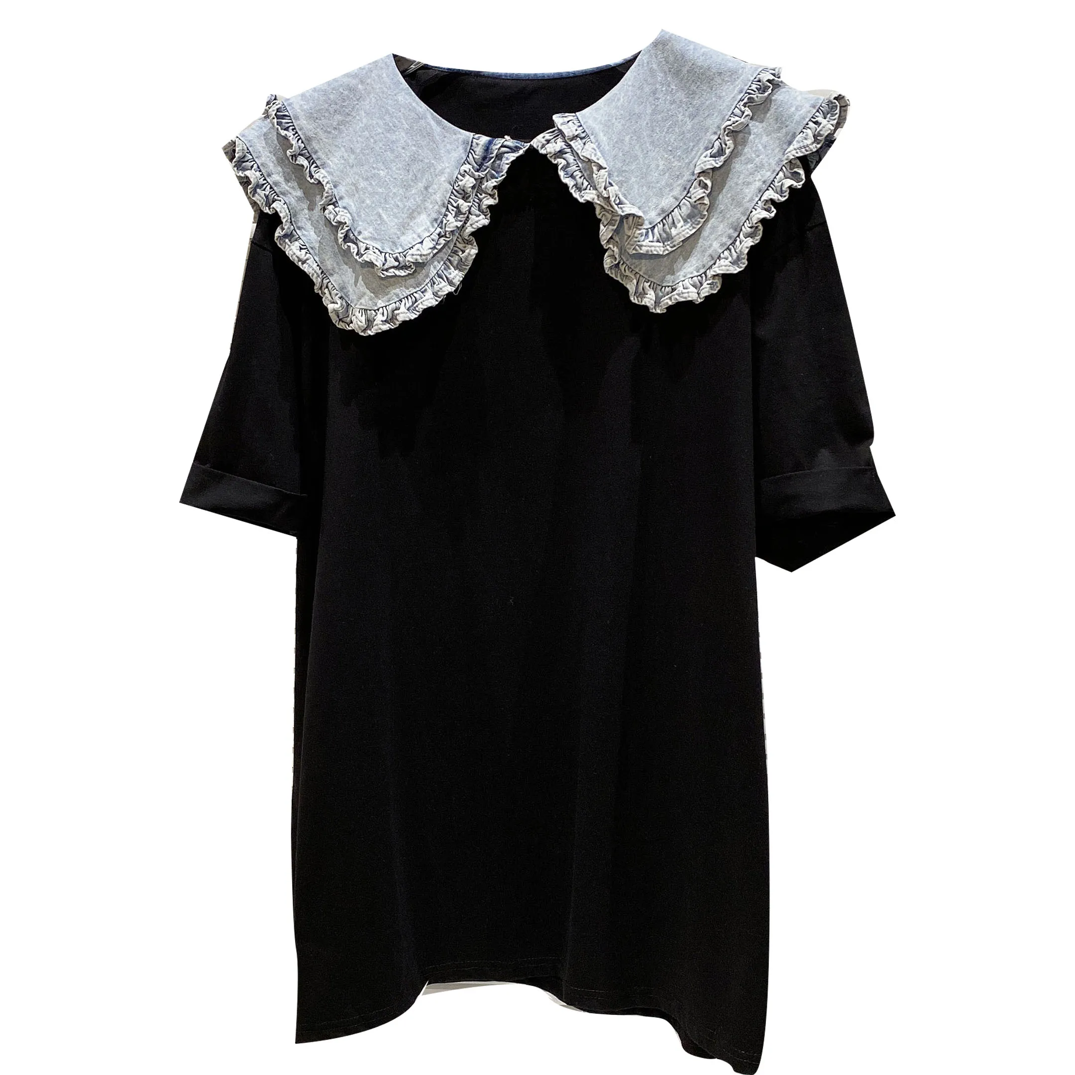 

2021 Summer New Denim Double-Layer Lotus Leaf Pleated Collar Mid-Length Loose Short Sleeve T-shirt for Women Woman Tshirts