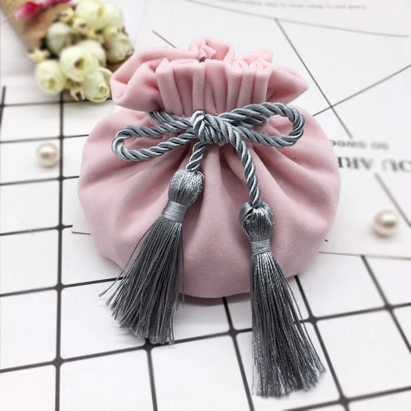 Pink Gray Бархатная сумка с круглым дном и кисточкой, 12x17 см, винно-красная упаковка с завязкой, мешочек для ювелирных изделий, подарочная упаковка, сумка для свадьбы - Цвет: Pink Gray