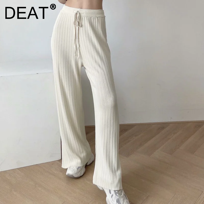 

DEAT 2021 Summer Fashion Women Clothes High Waist Full Length Knitting Wide Leg Pants Female Trousers WS62000L