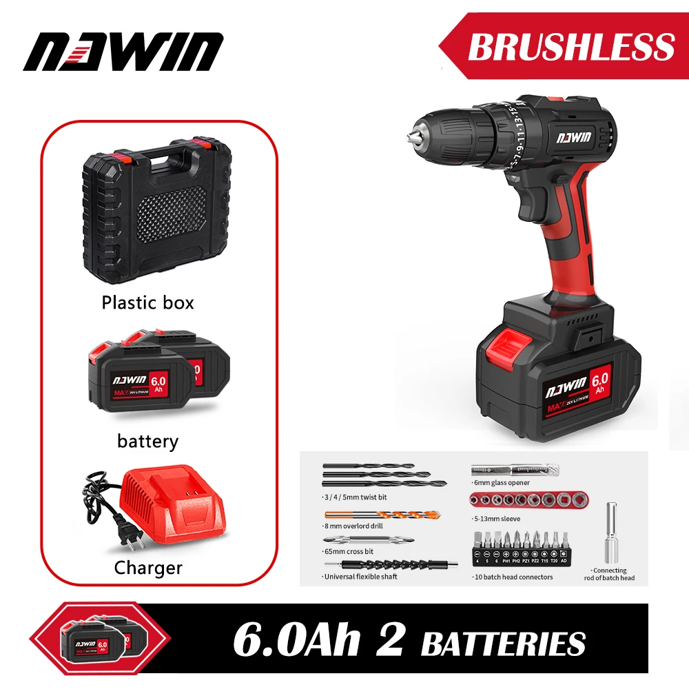 

NAWIN Electric Drill Cordless Screwdriver Mini Wireless Lithium-Ion Battery 20V Power Tools Speed and Torque Adjustable
