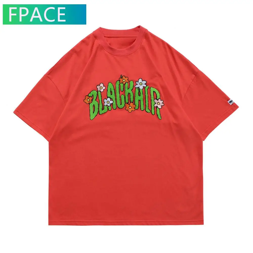 

FPACE Hip Hop T-Shirts Streetwear Embroidery Flowers Patch Oversized Tshirts Fashion Harajuku Short Sleeve Cotton Tees Tops