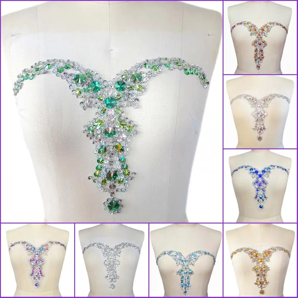 

HANDMADE V-neck Sequin Sew On Neckline Rhinestone Crystal Beaded Trims Bridal Applique Designer Patches DIY Decoration 23x33cm