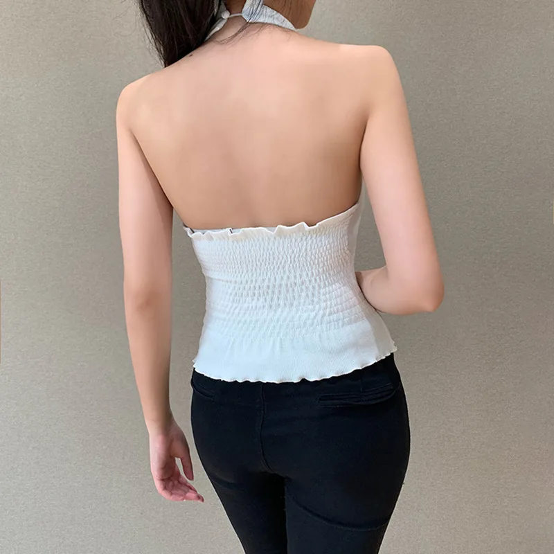 

Adora Female Skinny Tanks Top Fashion White Crop Tops Tight Pleated Bottom Halter Tank Sleeveless Sexy Women Tank Backless Hot