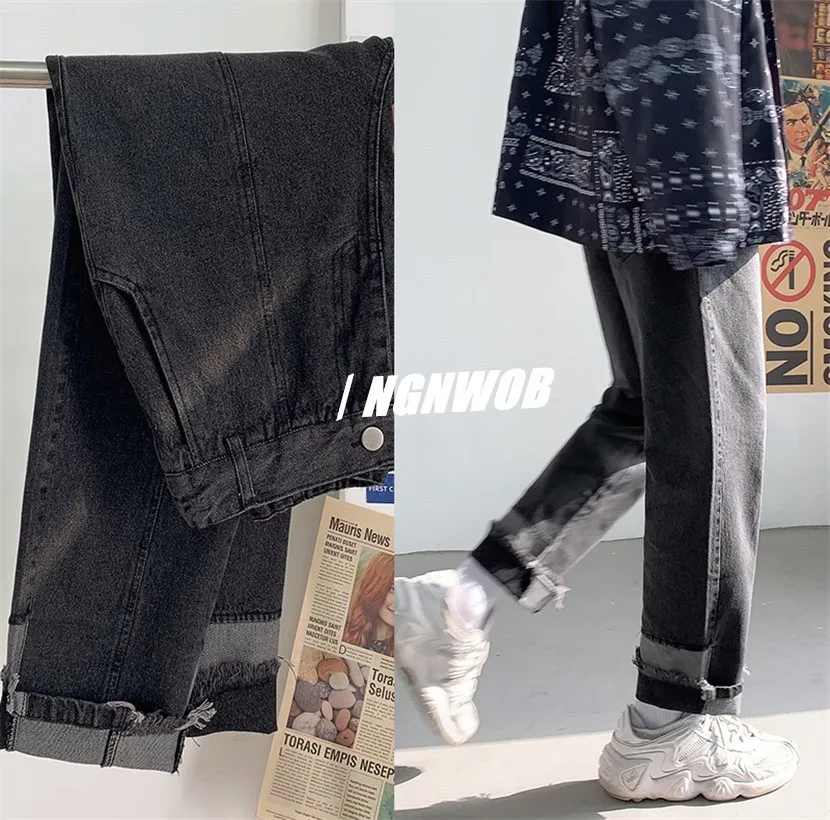 

ICCLEK 2021 Autumn New Cuffed Jeans Straight Jeans Men's Wide-leg Pants Loose Retro Trousers Mens Loose Jeans Painted Jeans