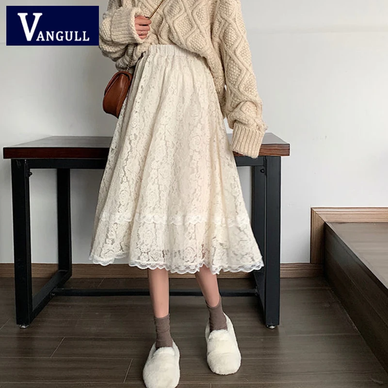

Vangull Elastic High Waist Lace Skirt Women Korean Version Spring Autumn New Slim Hollow Out Skirt Mid-Calf Female Party Skirt