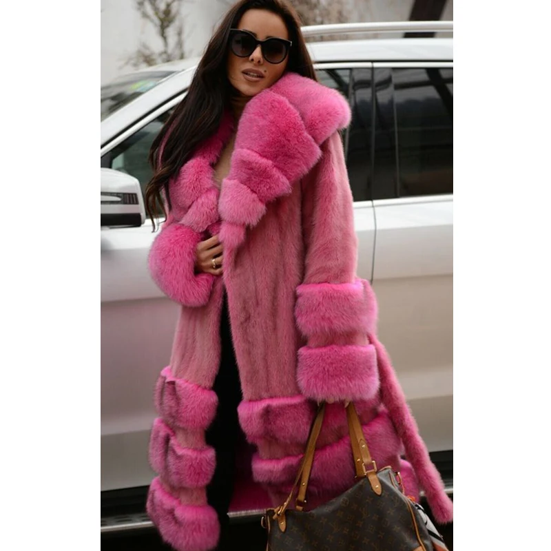 Fashion Long Genuine Mink Fur Coat With Sliver Fox Fur Collar And Bottom Natural Real Mink Fur Jacket With Belt Overcoats Luxury