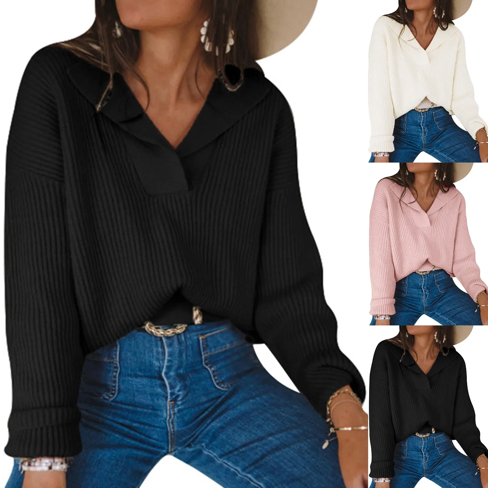 

Women Knitted Sweater Fashion Autumn Winter Long Sleeve Loose Coat Casual Sexy Thick V Neck Solid Female Tops 2021 New Pullover
