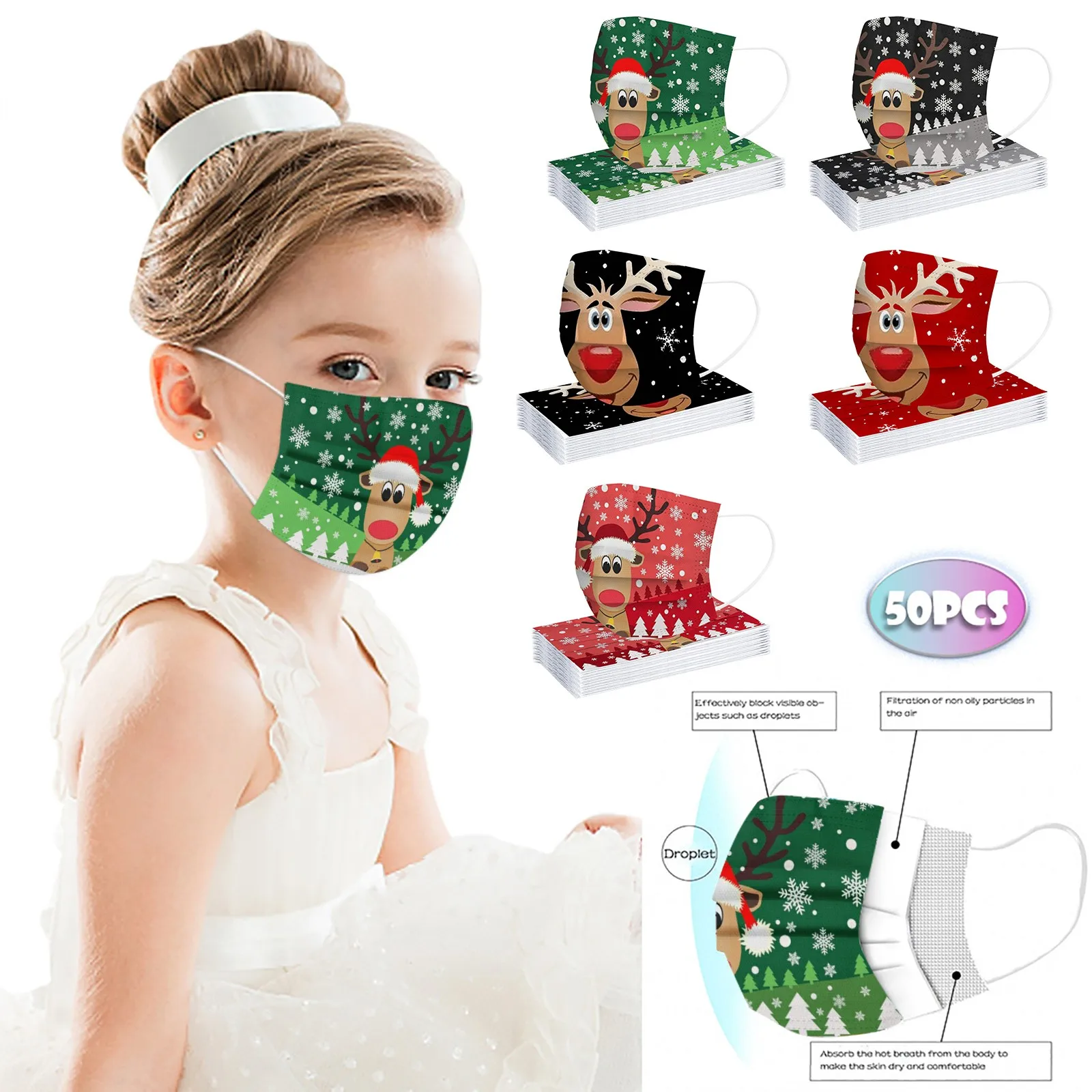 

50pc Multicolor Child Universal Disposable High-quality Scarf Face Mask Christmas Printed Mask 3ply Ear Loop Masks Mascarillas