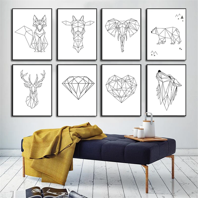 Минималистская черно-белая Геометрическая линия животных Олень Медведь волк