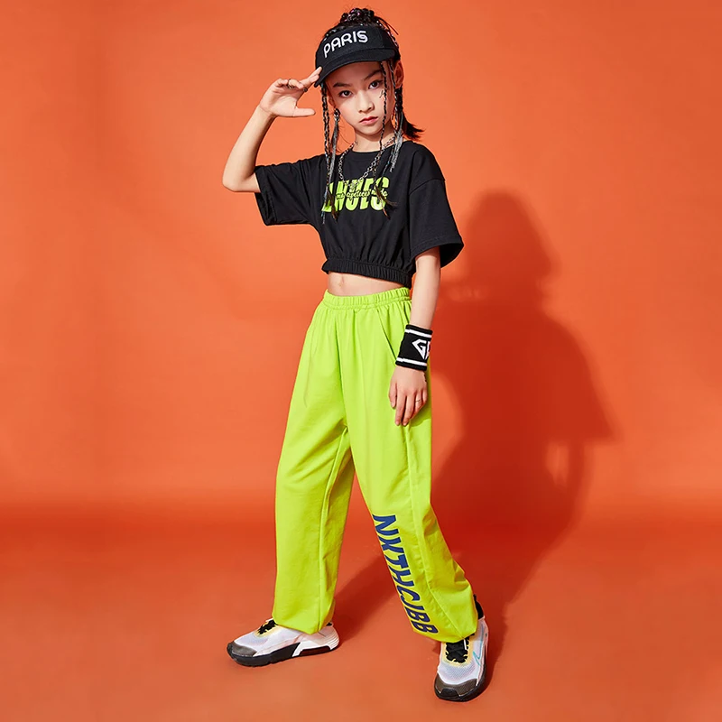 

Танцевальная одежда в стиле хип-хоп для девочек, черные топы, зеленые брюки, костюм с коротким рукавом в стиле хип-хоп, одежда для уличных тан...