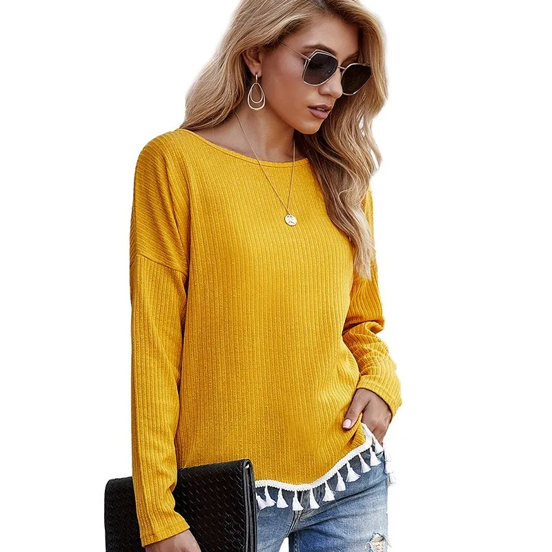 

Women Top Sexy T Shirt 2020 Elasticity Tassel T-shirtKorean Style Woman Clothes Loose Tshirt Female Casual Long Sleeve Tops