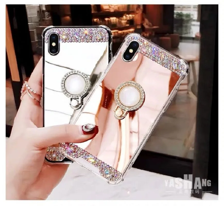 

Luxury Crystal Bling Diamond Mirror Phone Case For iPhone X XR Xs max 7 8 plus 11 12 13 Pro Max Rhinestone Ring Stand Cover