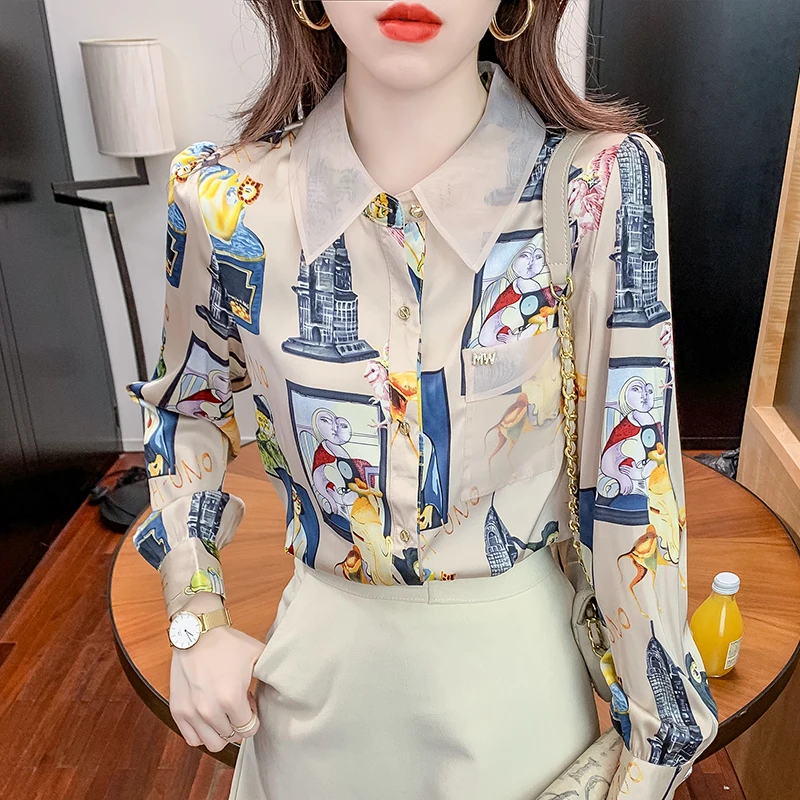 

Шифоновая женская блузка с принтом поло, рубашка для девочек, весна-осень, Свободный Повседневный Топ с длинным рукавом, модные женские блуз...