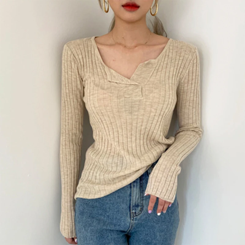 

Autumn Winter Women's Sweaters Knitted Pullover V-Neck Minimalist Slim Korean Casual Harajuku Bottoming Wild Solid Lady Top H096