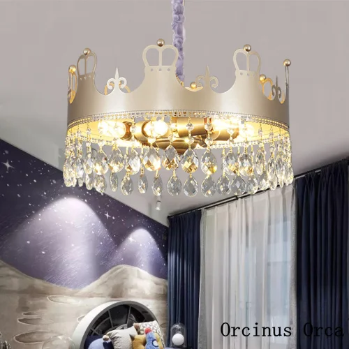 

European luxury golden crown chandelier Girl Bedroom Princess room lamp cartoon creative LED crystal chandelier