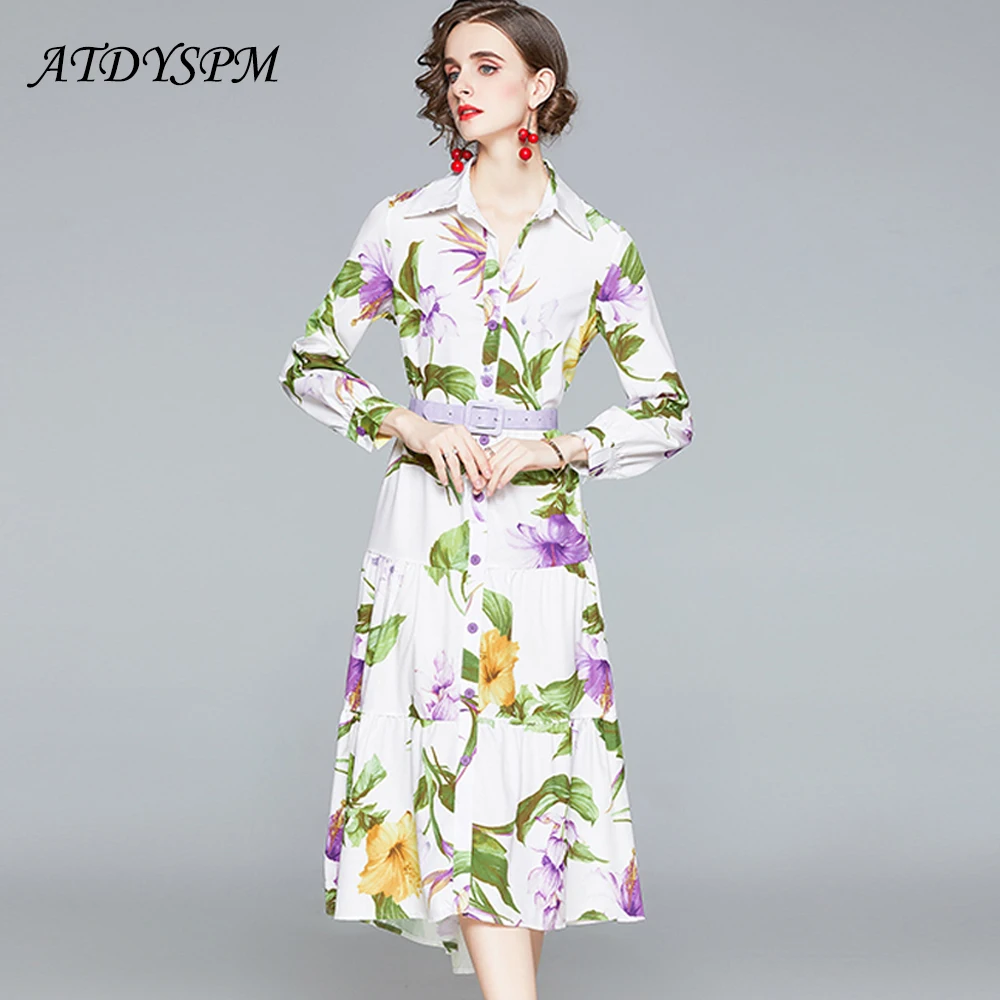 

Women Floral Printed Dress Elegant Breasted Long Shirt Dresses Ladies Casual Streetwear Slim Party Dresses Vestidos Free Belt