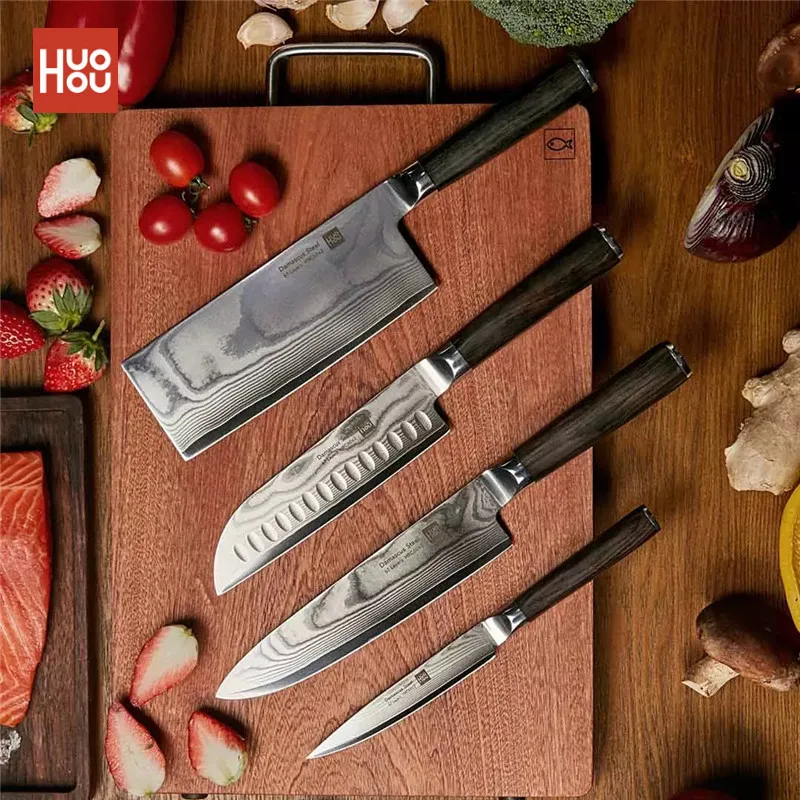 

HUOHOU 4Pcs Damascus Kitchen Knife Set 67 Layers Clad Stainless Steel Knife Universal Santoku Chef Slicing Knife Kitchen Tool
