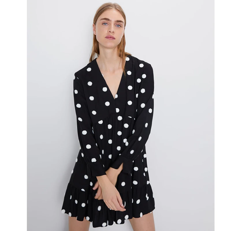 Женское хлопковое платье в горошек ZA черное свободное Повседневное с V-образным