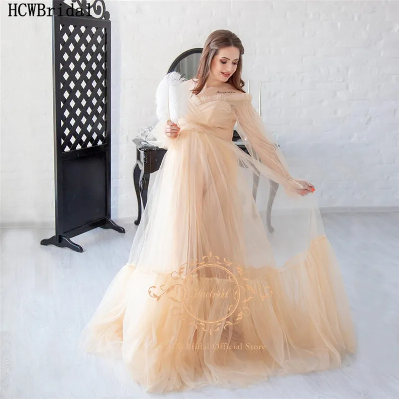 

Champagne Plus Size Tulle Long Sleeves Evening Formal Dress For Pregnant Women A Line Off The Shoulder Sexy Prom Party Gowns