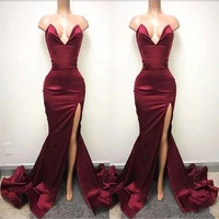 hot burgundy mermaid evening dresses sexy sweetheart high split long prom gowns ruched celebrity african party robe de soriee