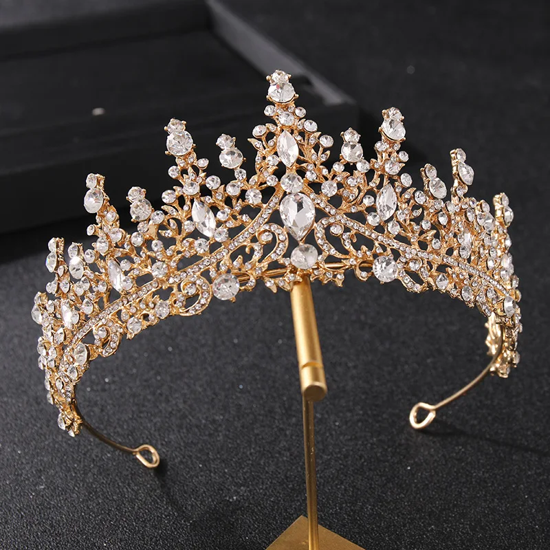 

THJ Fashion Baroque Luxury Crystal AB Bridal Crown Tiaras Light Gold Diadem Tiaras for Women Bride Wedding Hair Accessories New