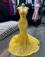 sexy yellow mermaid prom dresses glitter sequins sheer neck aso ebi for black girls party evening gowns custom made