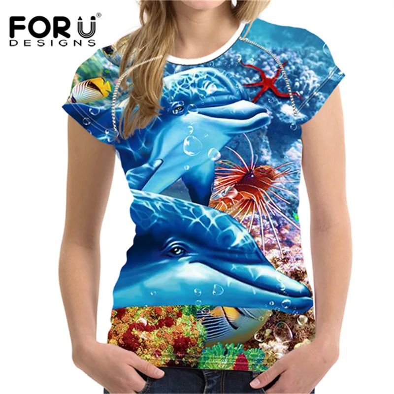 FORUDESIGNS, Брендовая женская футболка, 3D Рисунок дельфина акулы, женские топы, футболки, новинка, женская рубашка, женская футболка - Цвет: w2264