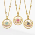 Золотая цепочка FLOLA, Круглый Кулон, голубое ожерелье от сглаза, медные циркониевые бусины, короткое ожерелье с золотым покрытием, оптовая продажа ювелирных изделий nkea094