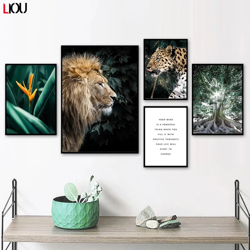 Настенная Картина на холсте с изображением джунглей гепарда льва монстеры