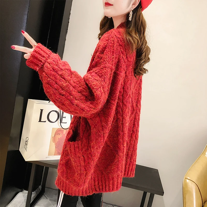 

New Year Linen Flower Color Sweater Coat Women's Mid-length Loose-Fit Korean-style Thick 2021 New Style Thread Knitted Cardigan