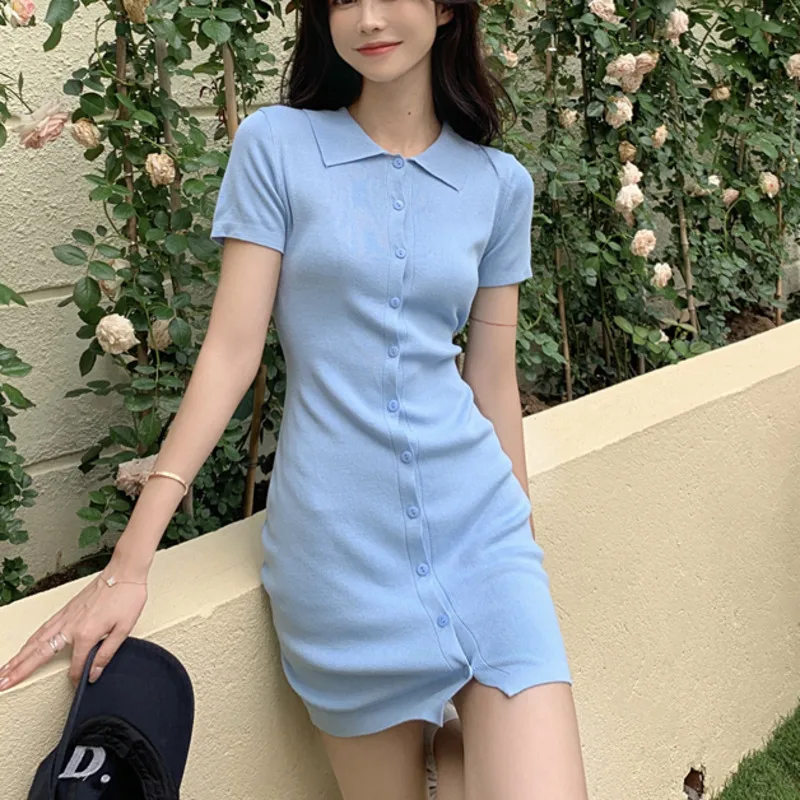 

2021 New Korean Fashion Casual Knitted Dress Women Short Sleeve Mini Sweater Dress Ladies Sweet Slim Robe Femme Vestidos