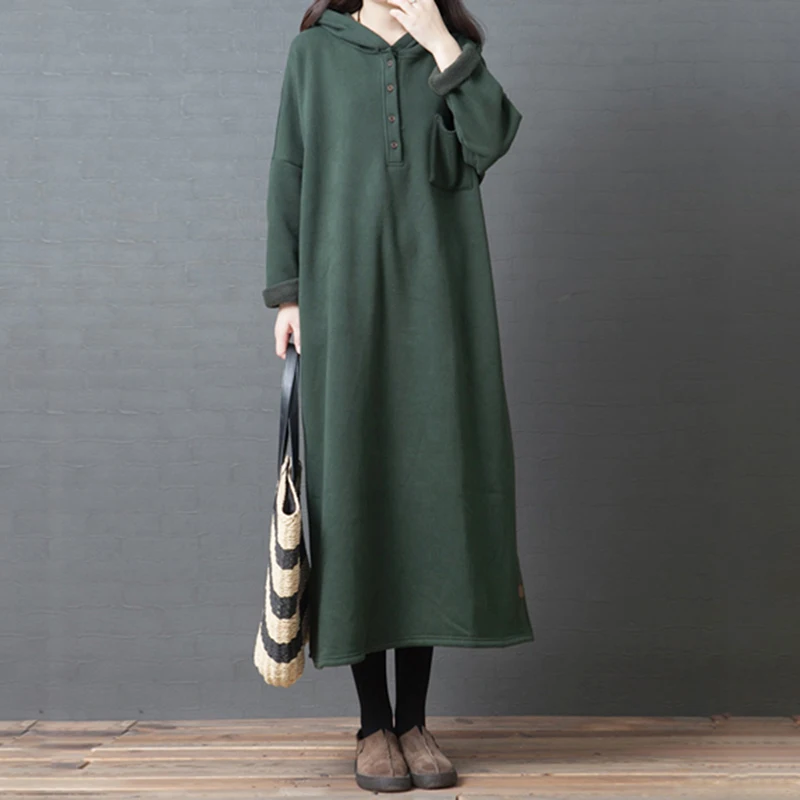 Осеннее модное женское платье с капюшоном длинным рукавом повседневное