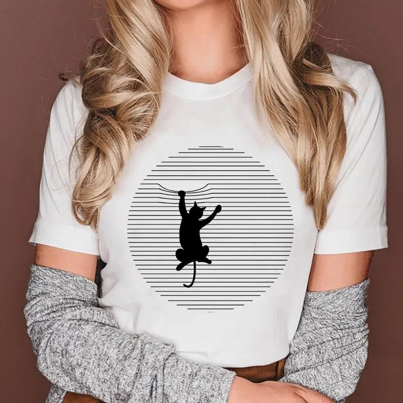 

Женские футболки с мультяшным принтом, футболка с принтом, Женская Полосатая футболка с рисунком кота в стиле 90-х, милая Женская одежда с кор...