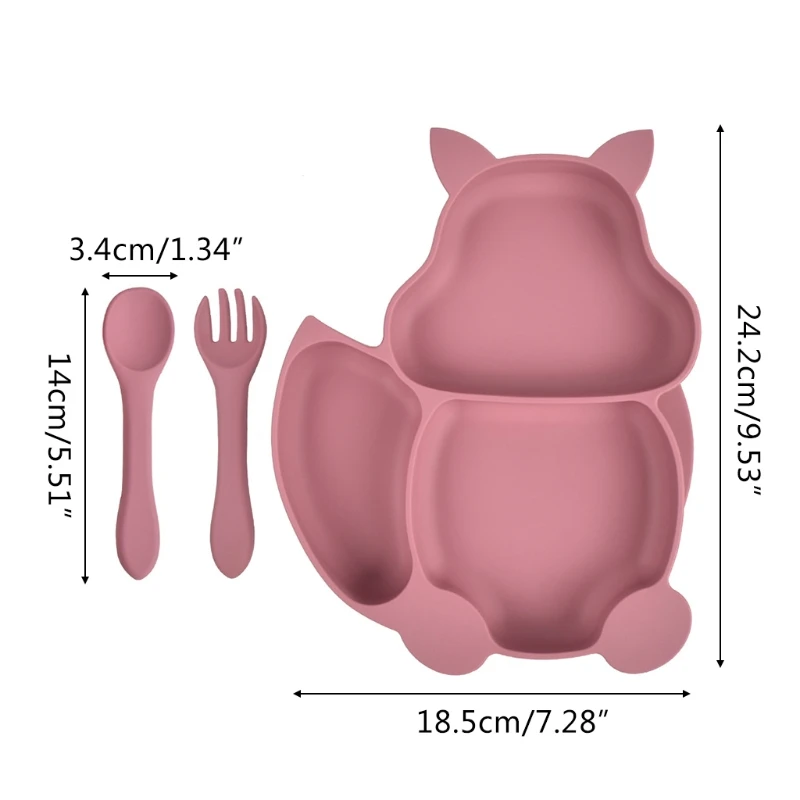 

Food Grade Silicone Squirrel Shape Baby Divided Feeding Plate with Spoon Fork Set Training Food Utensil Dinnerware