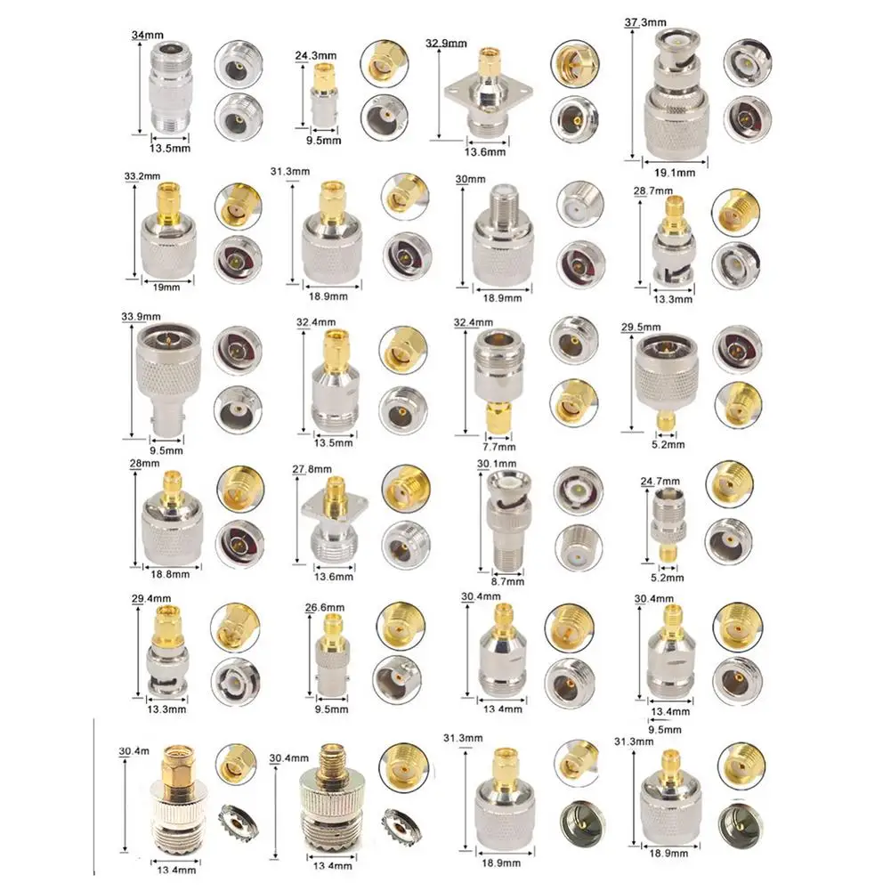 

24PCS UHF Adapter Kits RF Adapters MA/BNC/MCX/FME/F/TNC/Mini UHF RF Coaxial Adapter 50 Ohm Male Female Plug Adapters