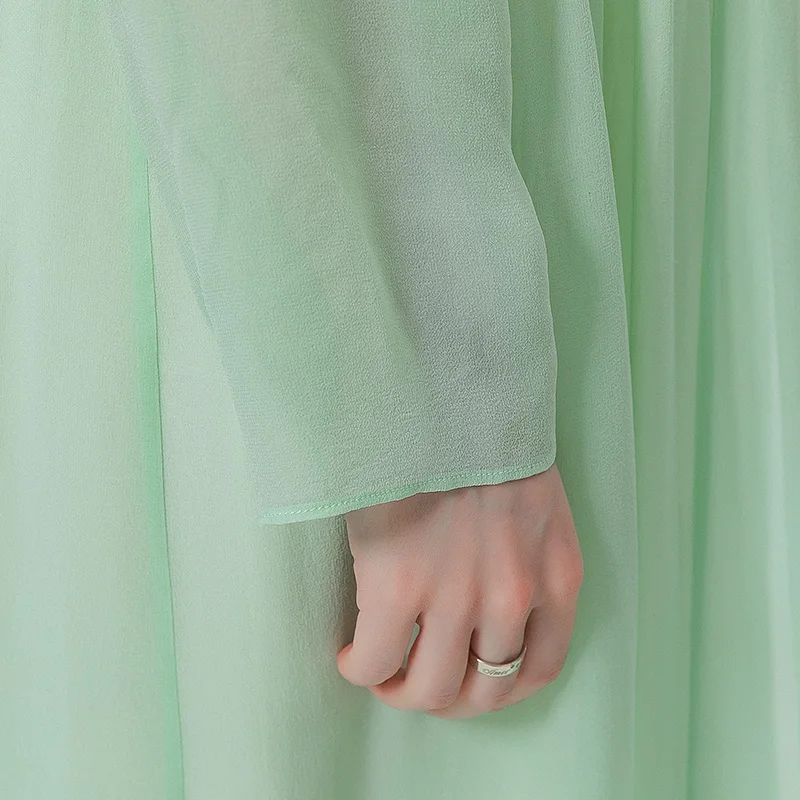 

VOA Silk Georgette Bean Green Long Sleeve Light and Micro-transparent Mid-long Cardigan Women Fashion Trench Coat FE132