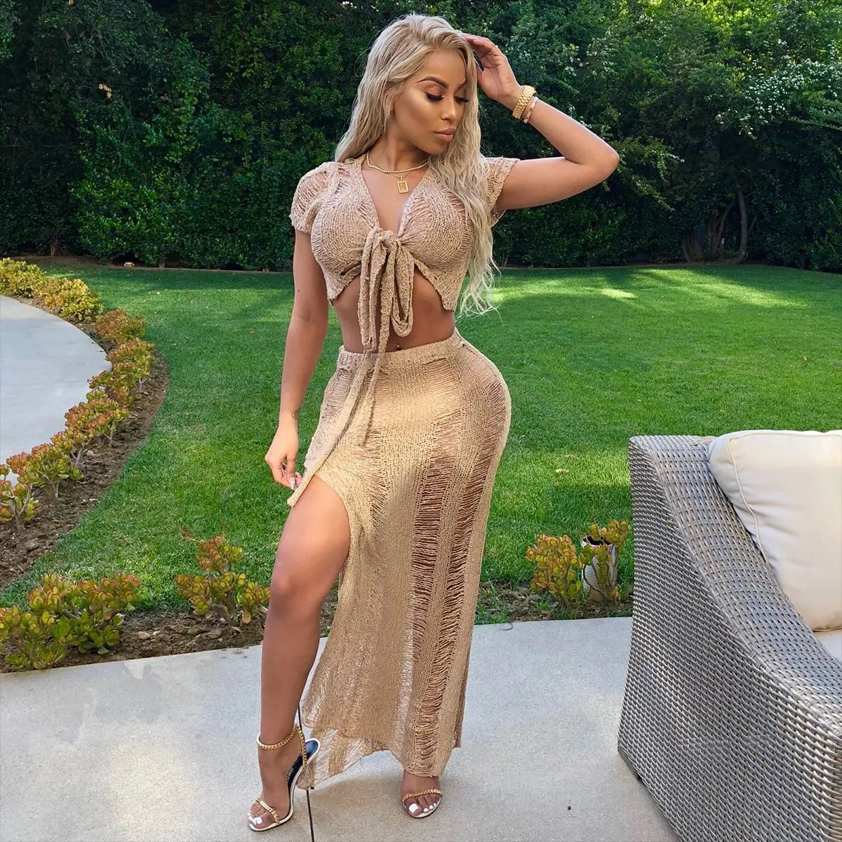 2020 Summer Sexy Club Outfits Women Two Piece Set Hollow Out Knitting Transparent Party Dress V-Neck Transformable Shirt |