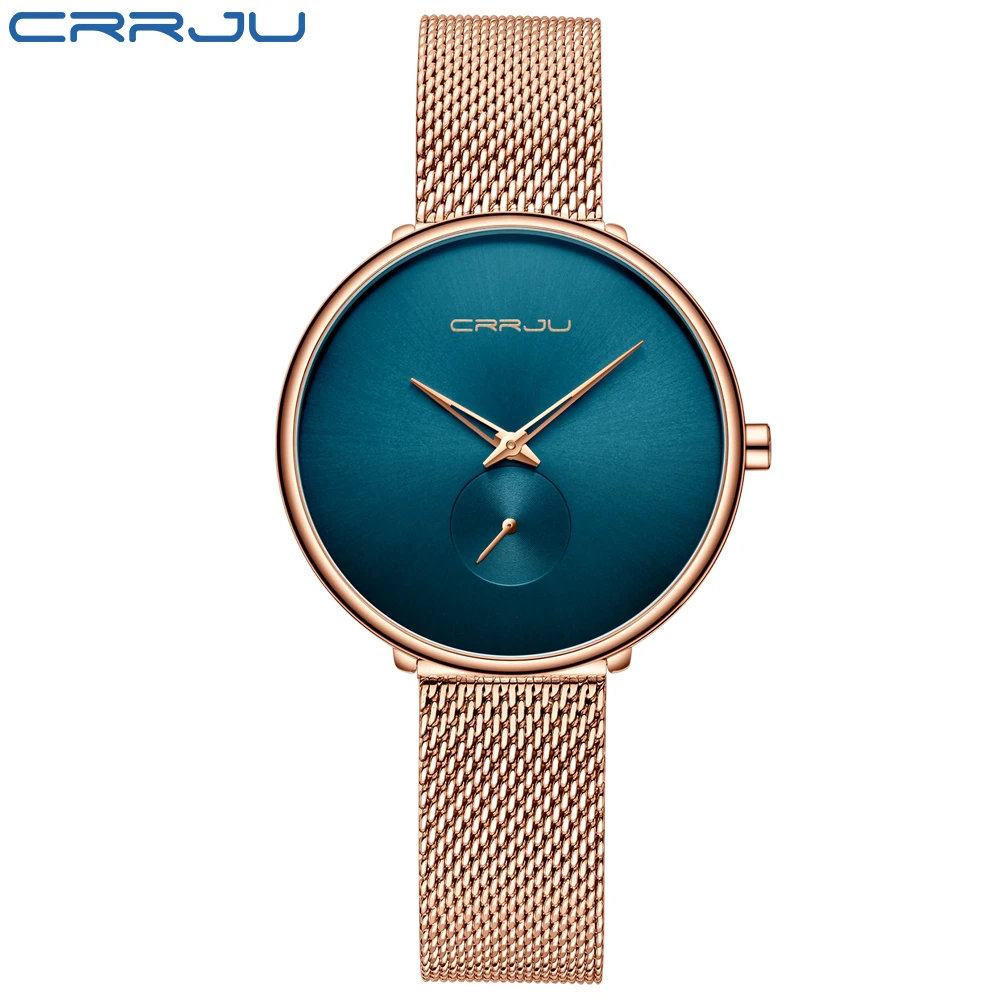 rose blue CRRJU женские часы, ультра тонкие кварцевые часы из нержавеющей стали, женские повседневные часы с браслетом, женские часы для влюбленных, подарок - Цвет: rose blue