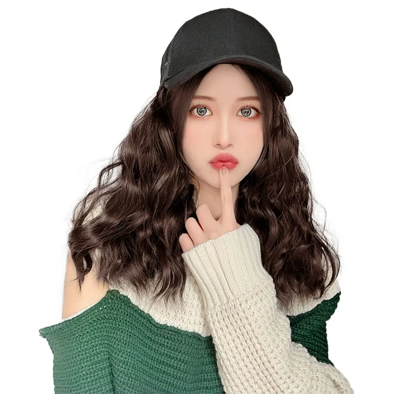 

Long Synthetic Baseball Cap Hair Wig Natural Black Cap Hair Extensions Water wave curl wig Hat Adjustable