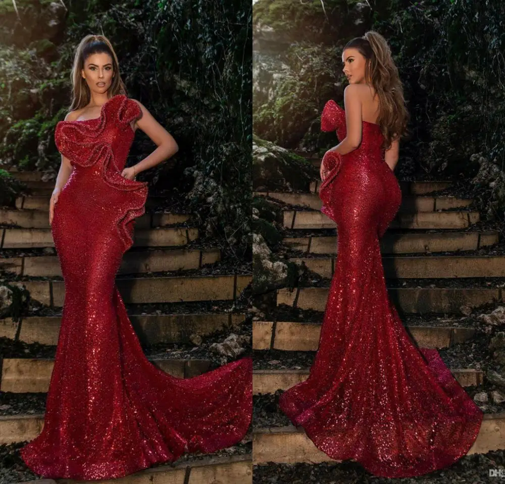 

2020 Yousef Aljasmi Burgundy Evening Dresses Strapless Sweep Train Bling Sequin Lace Mermaid Prom Dress Party Wear Formal Gowns