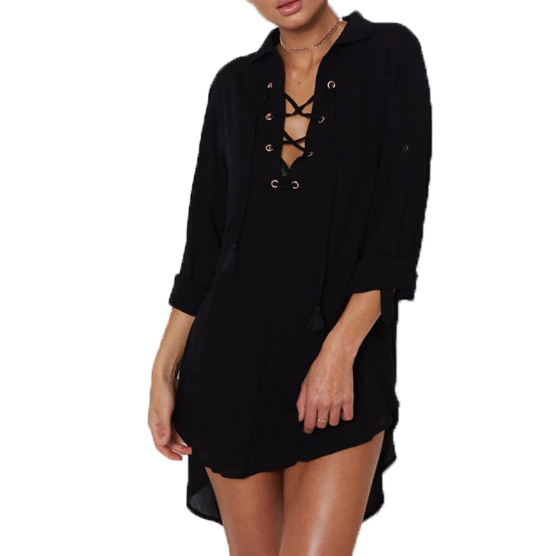 

Рубашка с длинными рукавами для женщин Повседневное шифоновое платье с v-образным вырезом, длинные черные футболки для женщин в Корейском с...