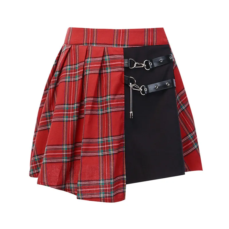 

Womens Korean Plaid Skirt Summer Fashion Metal Ring Decorated High-waist A-line Pleated Mini Skirt Christmas Ladies Skirts