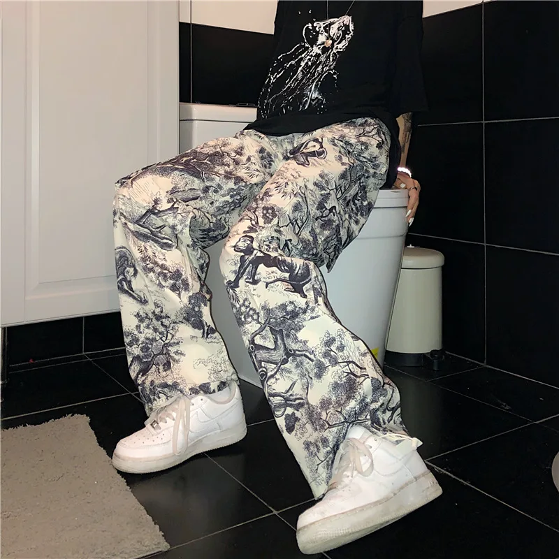

Fashion Women's Pencil Pants Flat Spring 2021 New Retro Street Style Loose Long Trousers Women High Waist Pant Print