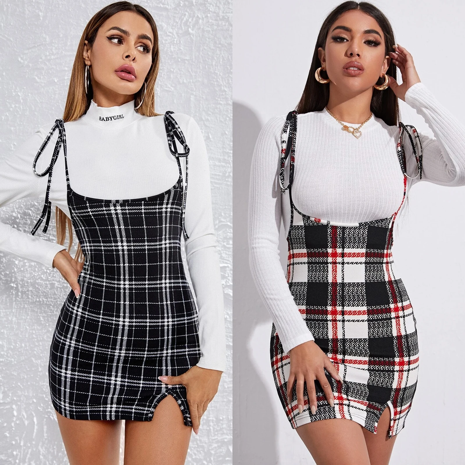 

Fashion Women Dress Check Dog Tooth Frill Ruffle Pinafore High Waist Bodycon Party Mini Dress Holiday Casual Slim Dress vestidos