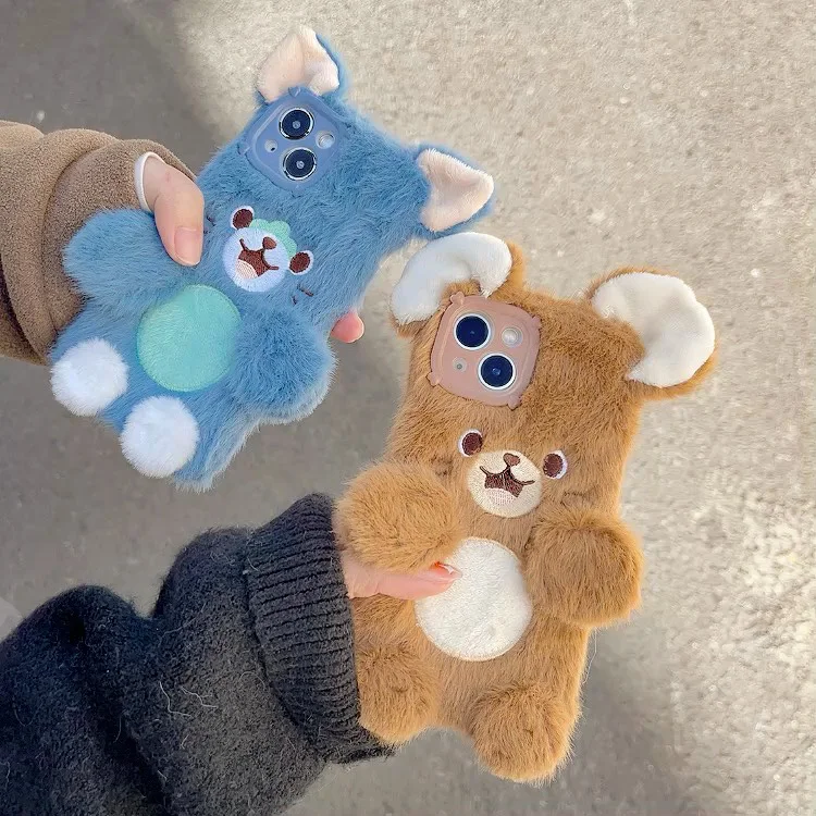 

Корейский милый плюшевый чехол для телефона с котом и мышью для iPhone 13, 12, 11 Pro Max, X, 7/8 Plus, XS Max, теплые зимние плюшевые меховые чехлы на заднюю кр...