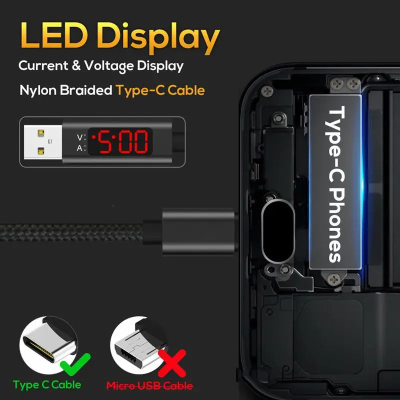Кабель USB Type C QC 3 0 быстрая зарядка напряжение и Текущий Дисплей Плетеный кабель