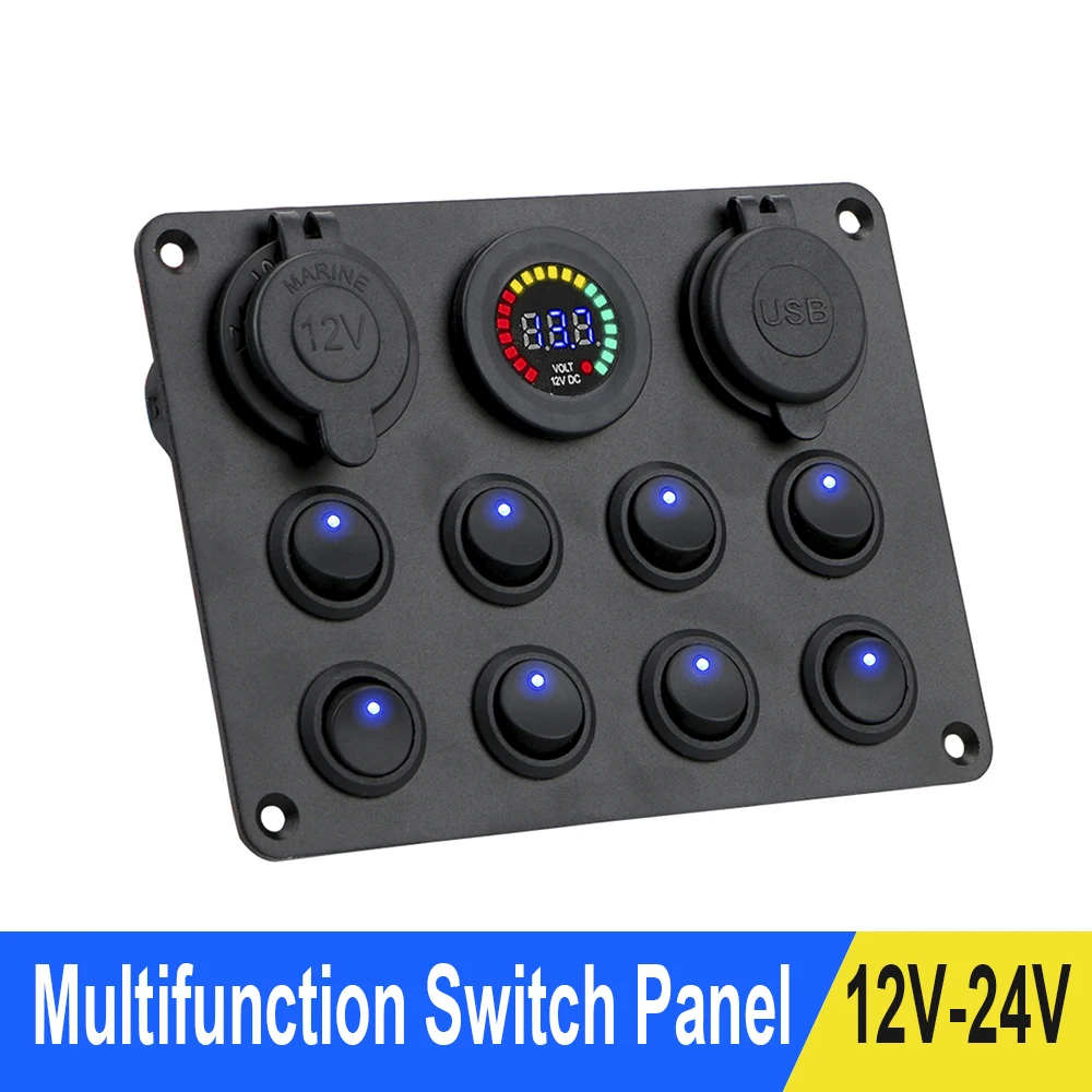 8 Gang Toggle Switch Panel For Car Truck ATV Caravan Boats 12-24V ON/OFF Push Button Voltmeter Dual USB Charger Circuit Breaker