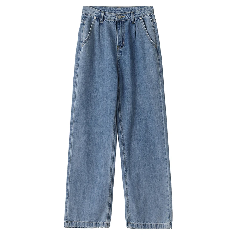 

[EAM] High Waist Black Blue Denim Big Size Wide Leg Trousers New Loose Fit Pants Women Fashion Tide Spring Autumn 2021 1DD6574