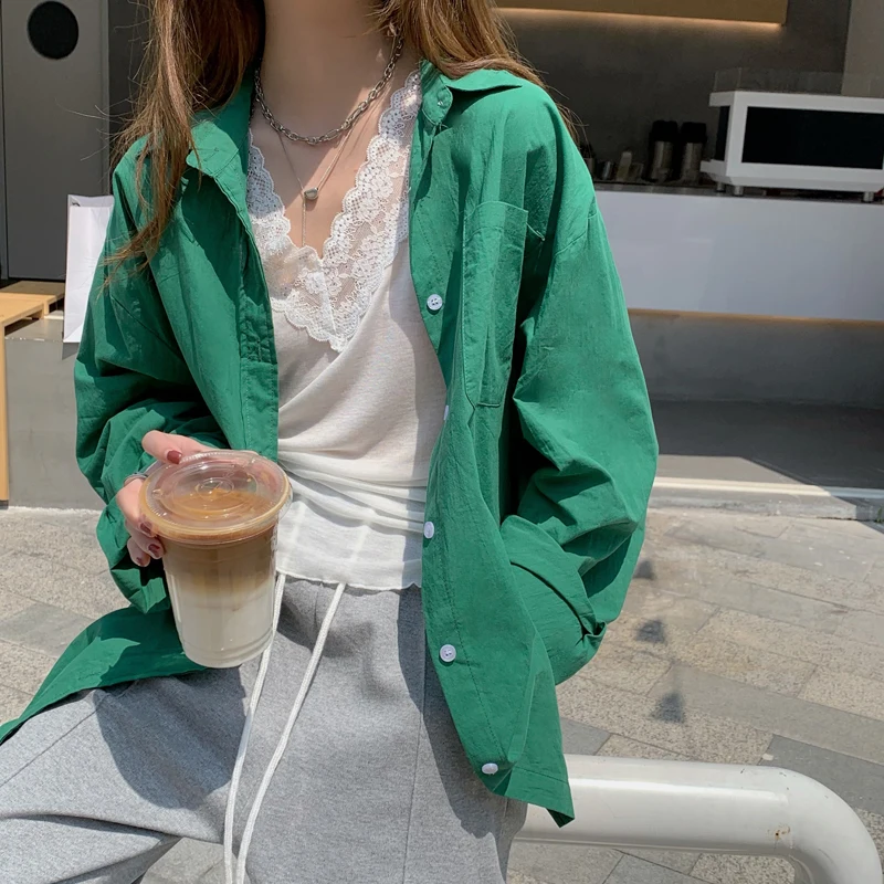 

Bornladies 2021 Summer Korean Chic Spring Temperament Light Green Cotton Shirt Women Loose Casual Blouse Turn-down Collar Blouse