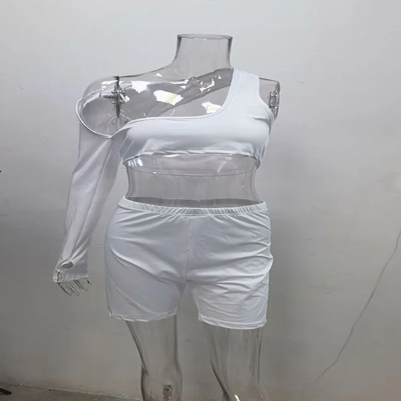 

Ladies Suit New One-shoulder Navel Sexy Hollow Two-Piece Sports Fashion Long-Sleeved Shorts Jogging Suit Vestidos De Muje